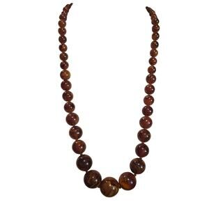 Necklace Vintage Chunky Long Brown Redish Beaded Graduated Brass 28" SKU2901
